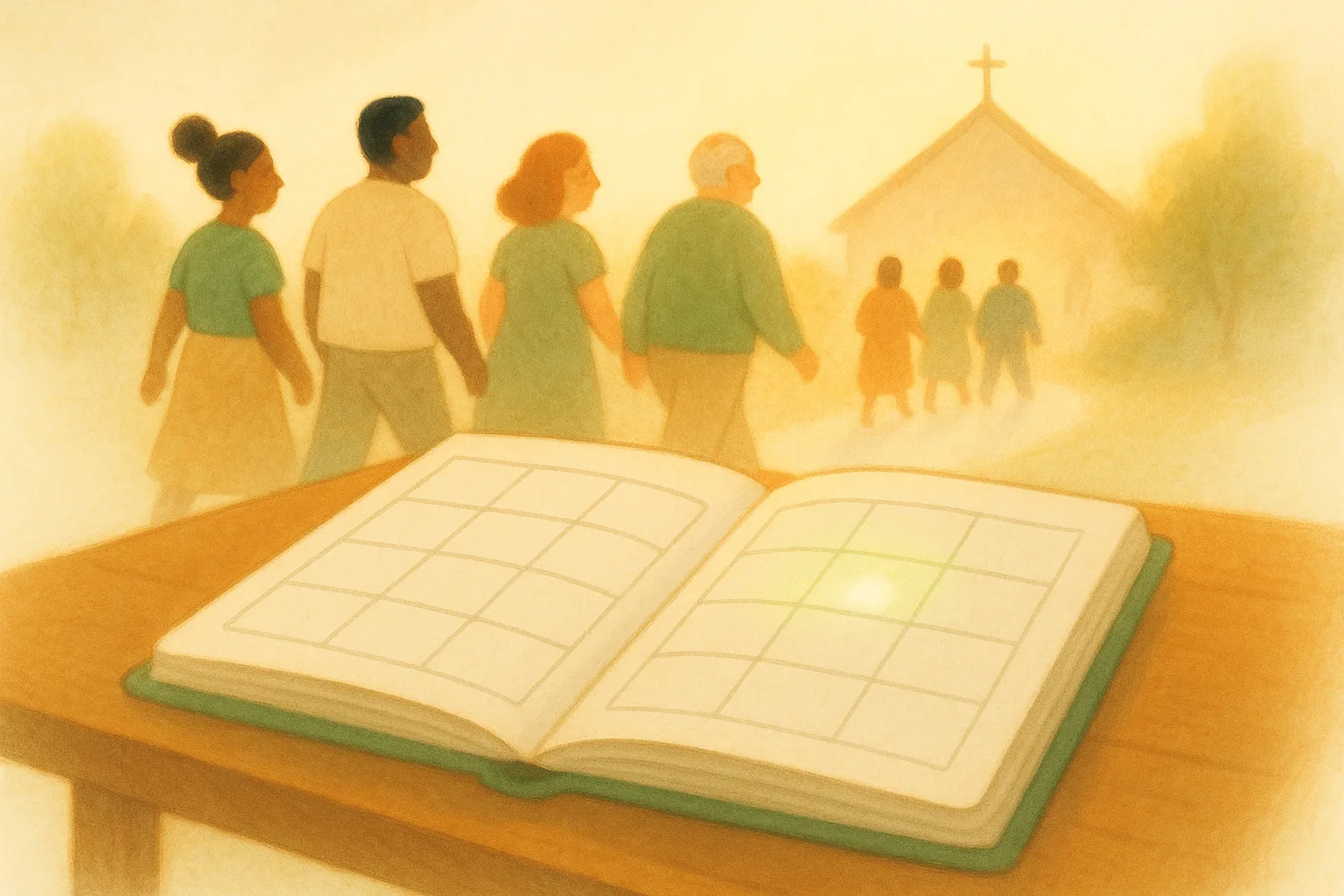 Illustration of an open calendar with friends walking toward a church