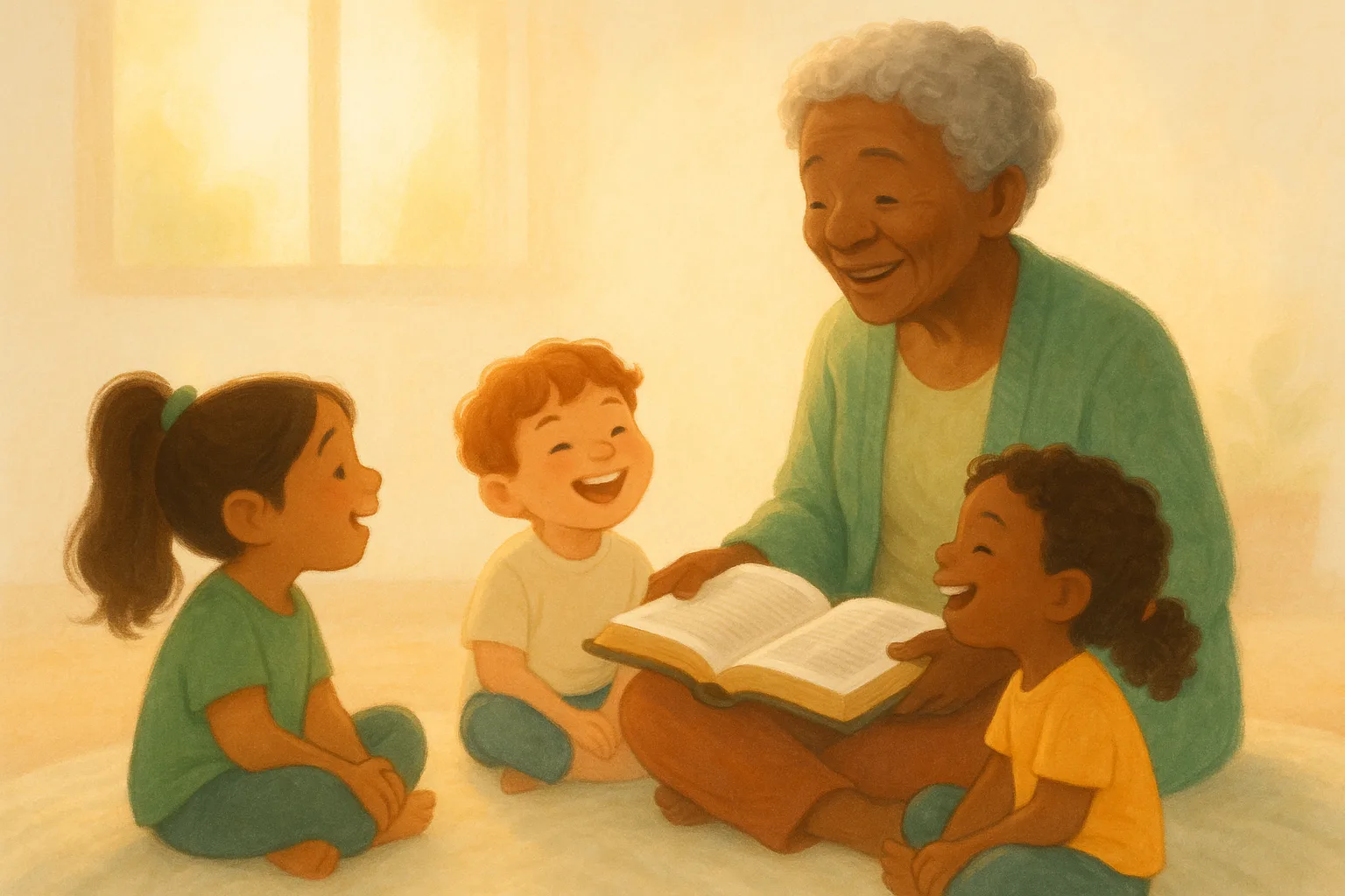 Illustration of an older woman reading the Bible aloud to laughing children