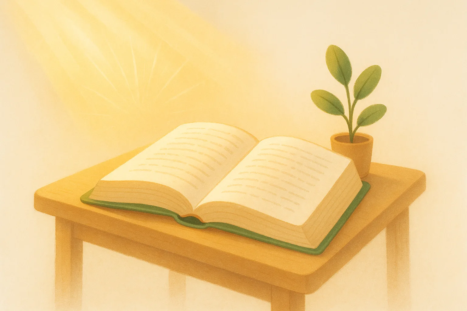 Illustration of an open Bible and a small plant in morning light
