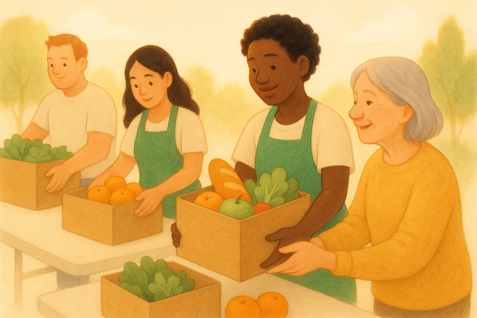 Illustration of volunteers in green aprons packing boxes of fresh produce
