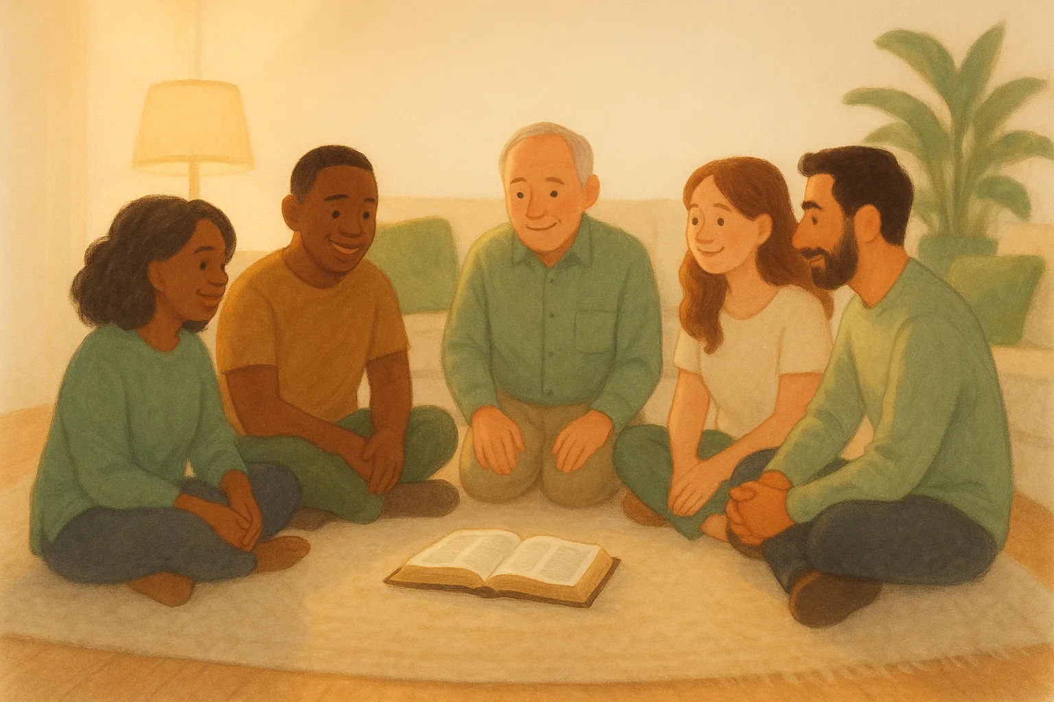 Illustration of a small group sitting in a circle around an open Bible