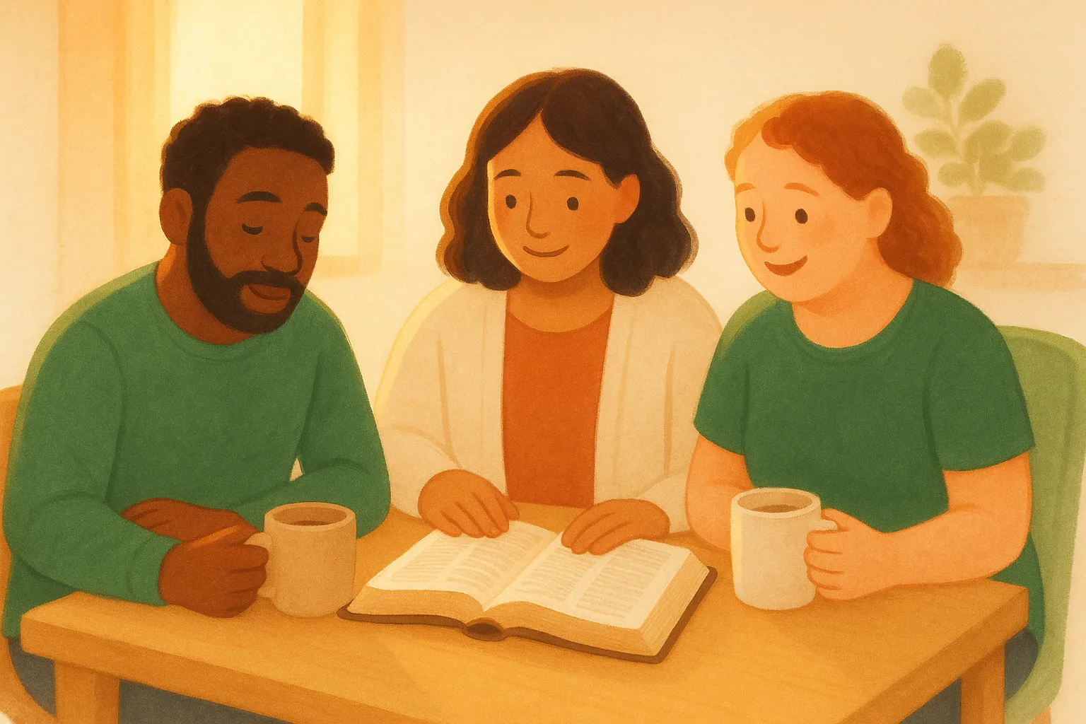 Illustration of three friends reading Scripture together with coffee