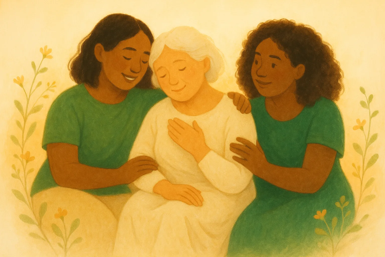 Illustration of two younger women embracing an older woman among spring flowers