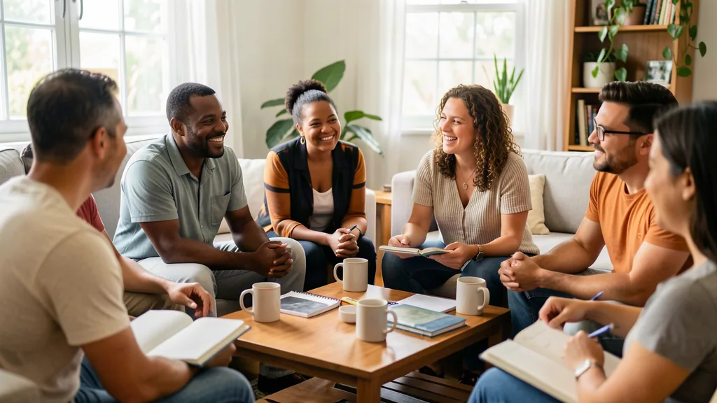 A small group laughing together around a coffee table with open Bibles