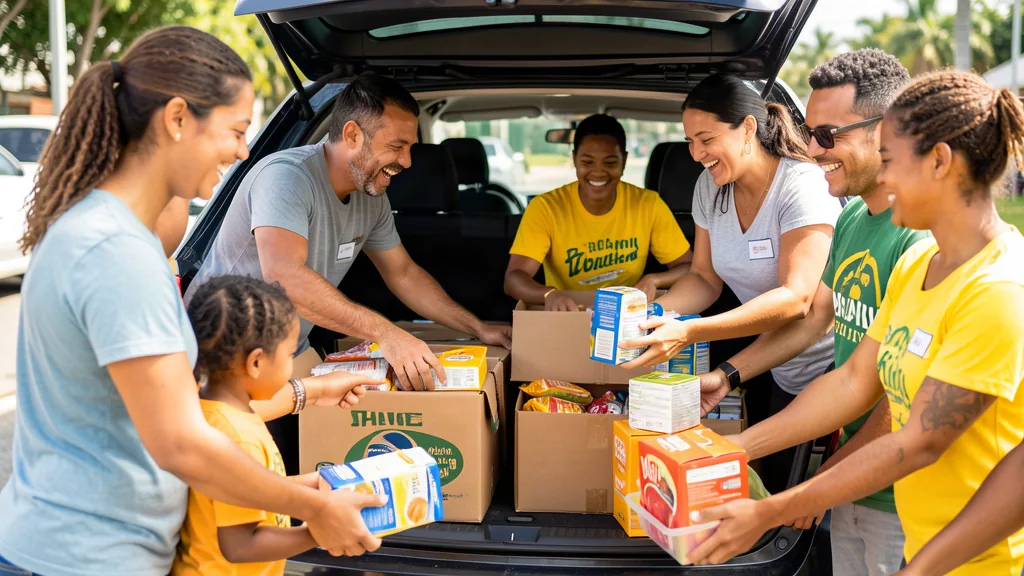 Volunteers smiling together while packing boxes at the back of a car